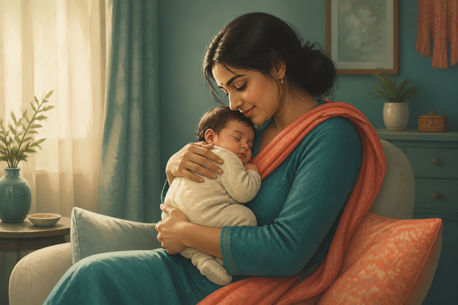 Illustration of a mother comforting her newborn